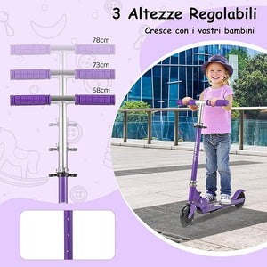 Monopattino per Bambini Pieghevole e Portatile, Monopattino a 2 Ruote con Manubrio Regolabile, Ruote Luminose a LED, Freno Posteriore e Tracolla, Ideale per Bambini e Bambine 3+