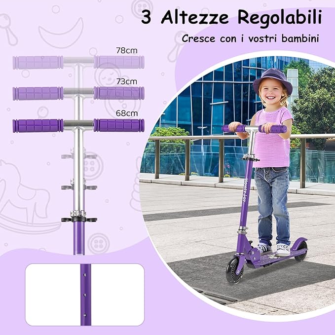 Monopattino per Bambini Pieghevole e Portatile, Monopattino a 2 Ruote con Manubrio Regolabile, Ruote Luminose a LED, Freno Posteriore e Tracolla, Ideale per Bambini e Bambine 3+