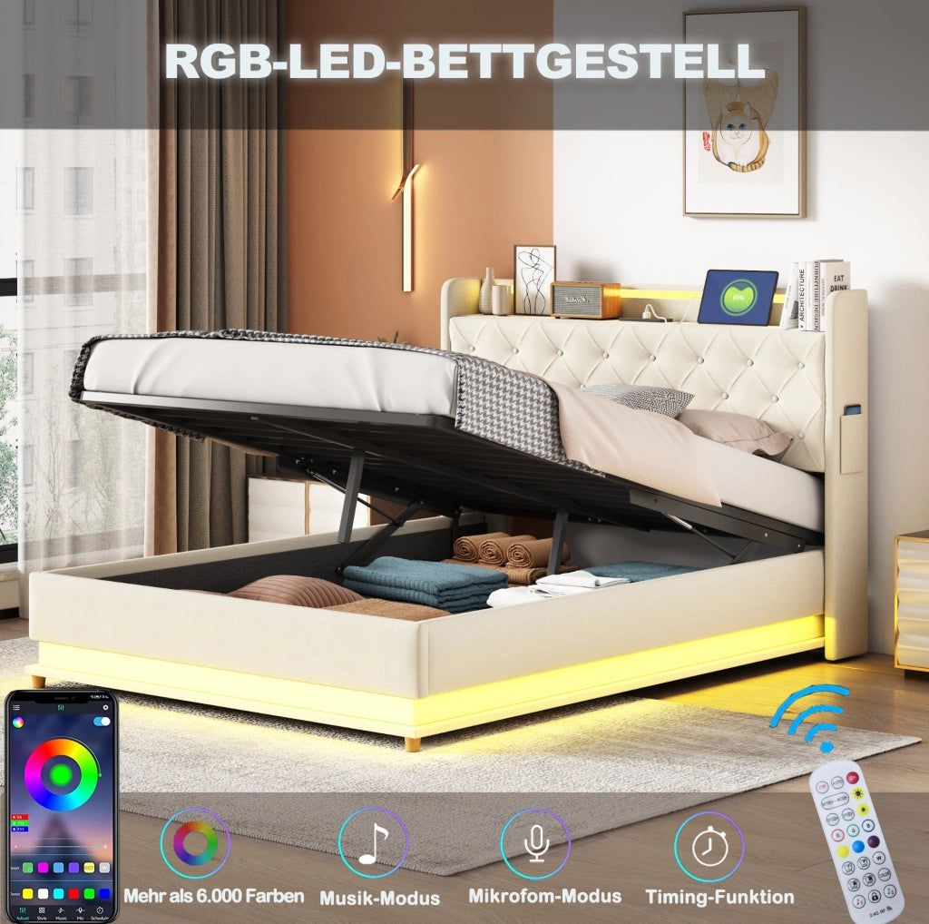 Letto matrimoniale 140x200 cm imbottito con contenitore idraulico; LED e USB; beige