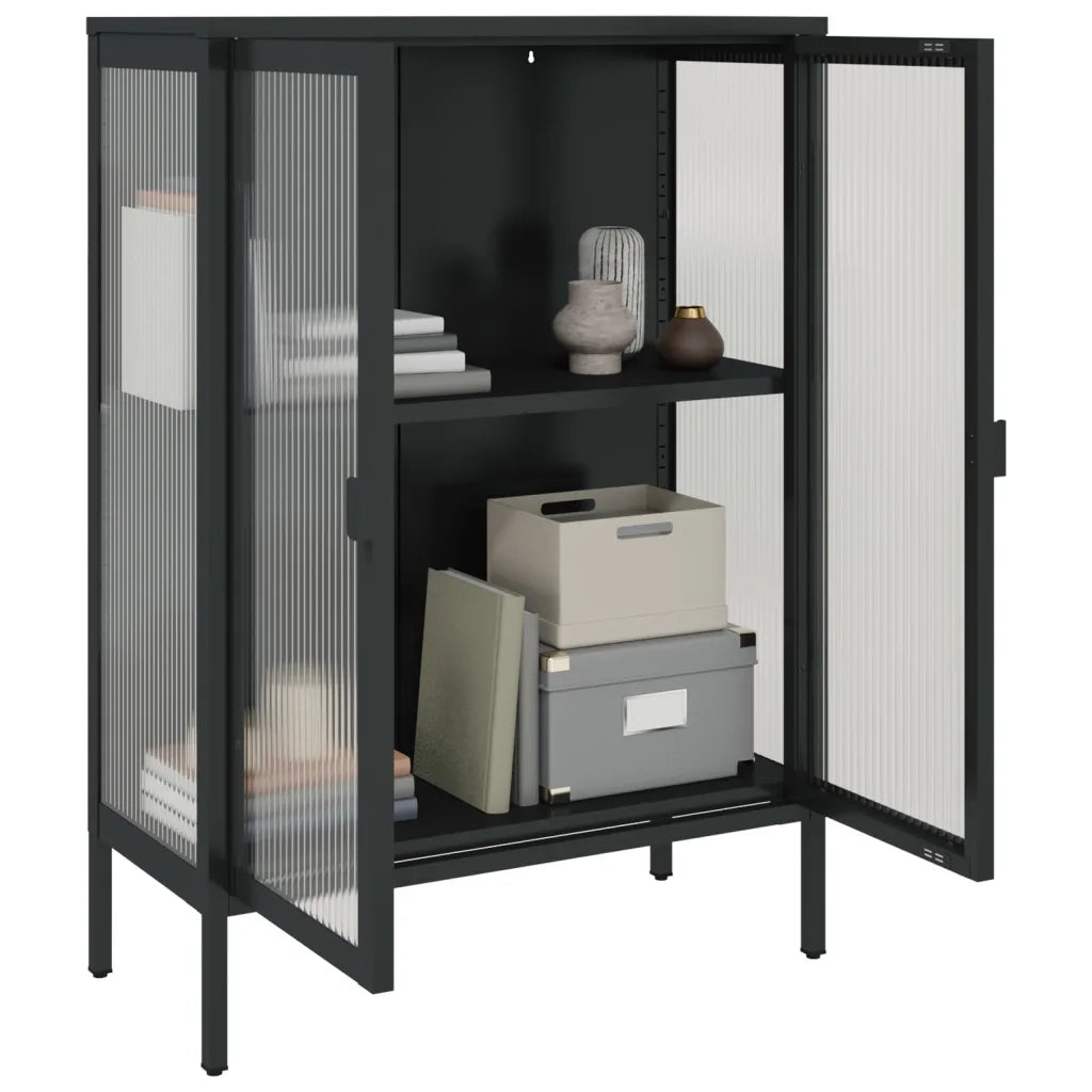 Credenza-Buffet-Armadio da cucina Nera 75x35x105 cm Vetro e Acciaio
