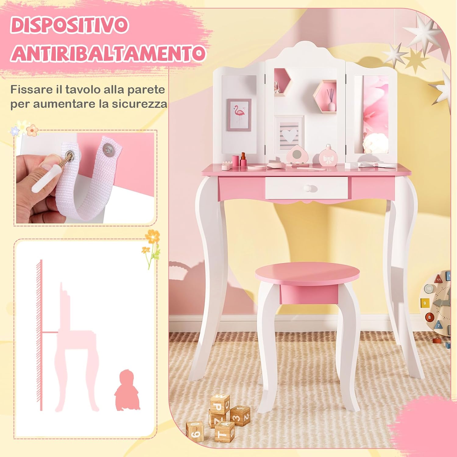 Set Toeletta da Trucco per Bambini, Toeletta Trucco con Specchio Triplo Pieghevole in Acrilico, Sgabello, Cassetto e Accessori, Bianco e Rosa