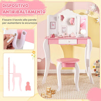 Set Toeletta da Trucco per Bambini, Toeletta Trucco con Specchio Triplo Pieghevole in Acrilico, Sgabello, Cassetto e Accessori, Bianco e Rosa