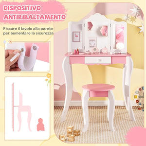 Set Toeletta da Trucco per Bambini, Toeletta Trucco con Specchio Triplo Pieghevole in Acrilico, Sgabello, Cassetto e Accessori, Bianco e Rosa
