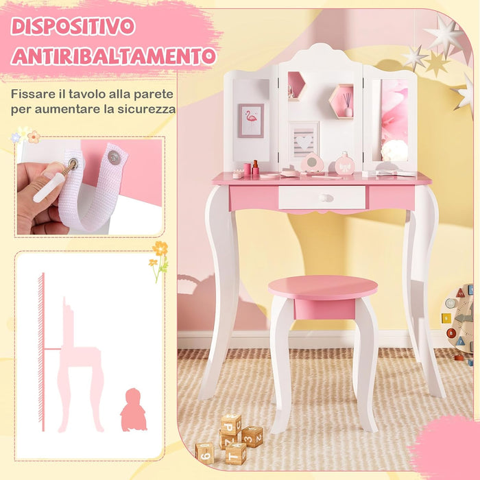 Set Toeletta da Trucco per Bambini, Toeletta Trucco con Specchio Triplo Pieghevole in Acrilico, Sgabello, Cassetto e Accessori, Bianco e Rosa