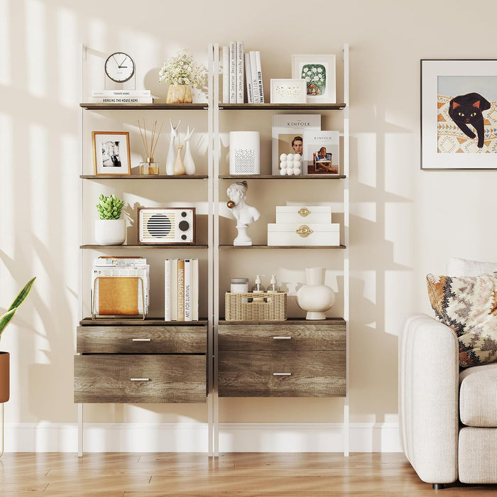 Libreria a Scala 184 cm, Scaffale da Parete a 6 Ripiani con 2 Cassetti e Struttura in Metallo, Ripiano Espositivo Aperto Moderno per Soggiorno Studio Ufficio, 60 x 30 x 184 cm (Naturale)