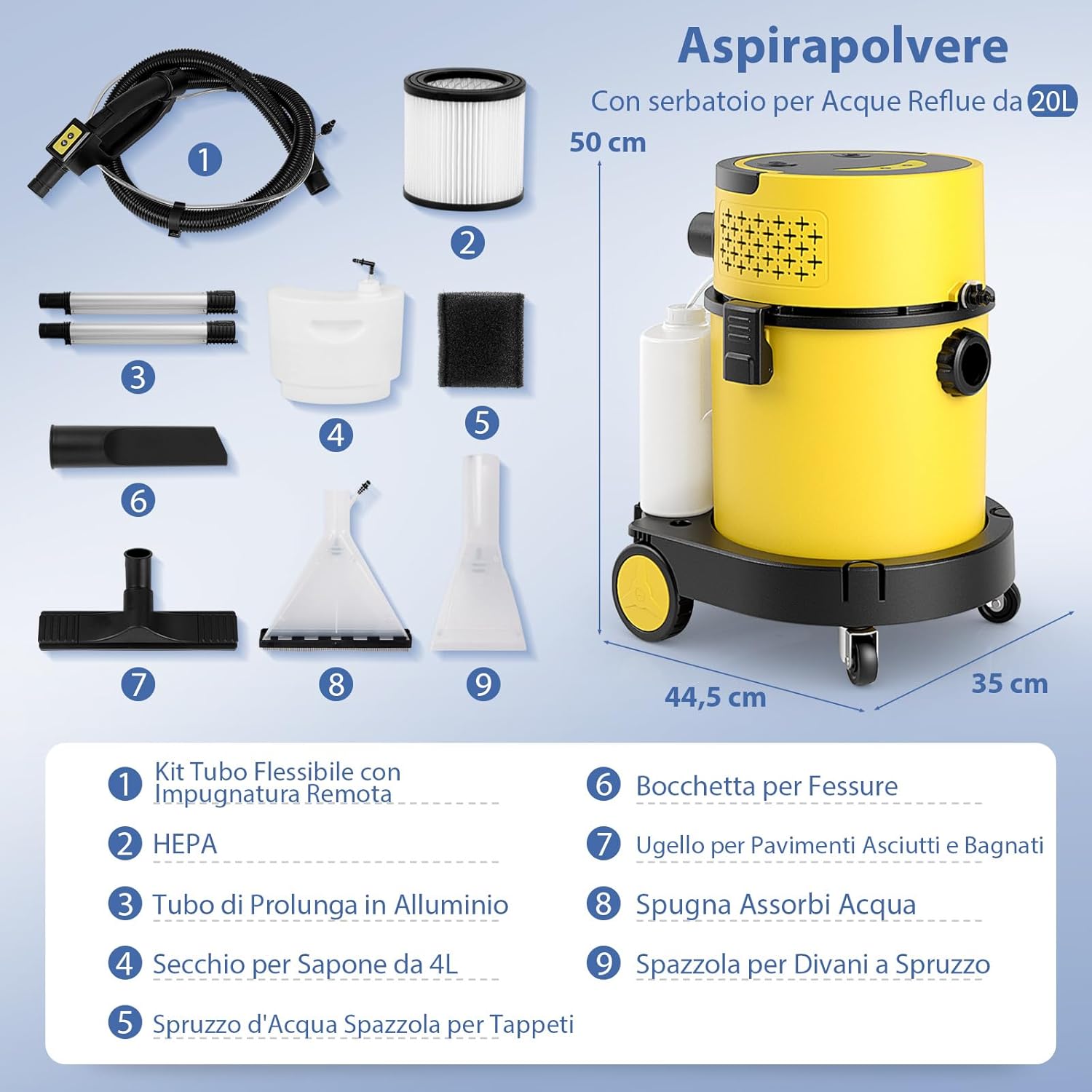 1200W 20L Aspiratori Solidi e Liquidi, 4 in 1 Macchina per Pulizia 17 KPA, Aspirapolvere con Accessori per Pavimenti Scale Divano Auto