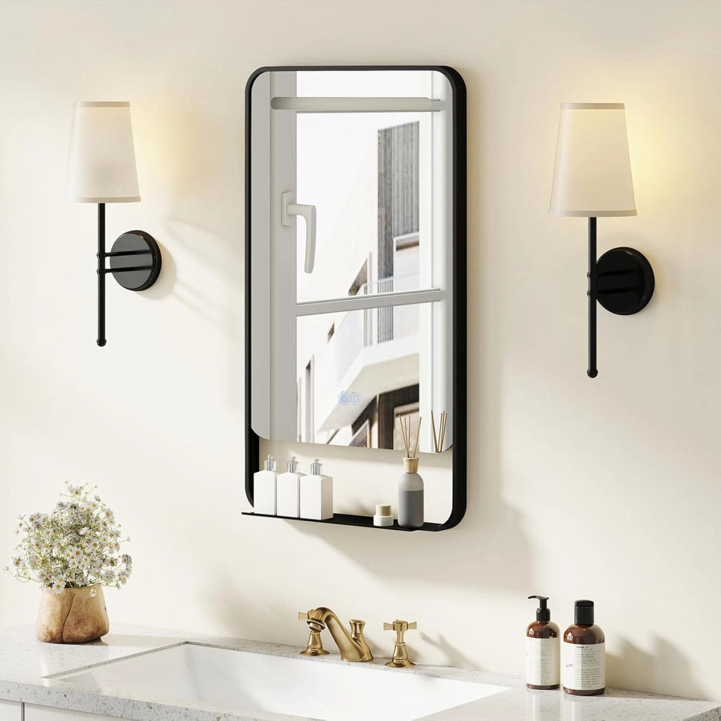 Specchio da Bagno LED 80 x 60 cm con Mensola, Specchio da Trucco con Cornice in Alluminio, Funzione Antiappannamento, 3 Colori di Luce e Luminosità Regolabile, Specchio da Parete
