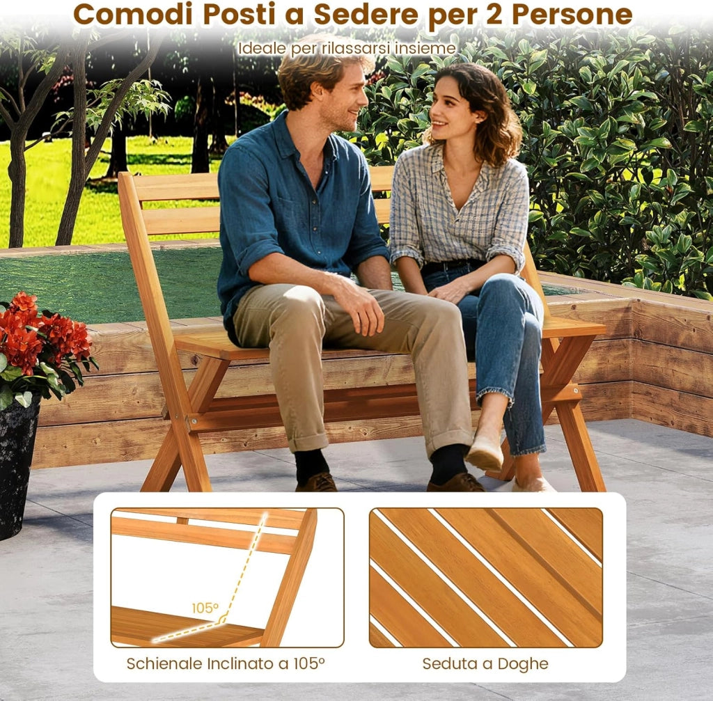 Panchina Pieghevole da Esterno, Panca da Giardino in Legno di Acacia per 2 Persone con Capacità di 360 kg, Panca da Esterno per Veranda, Balcone, Cortile e Parco