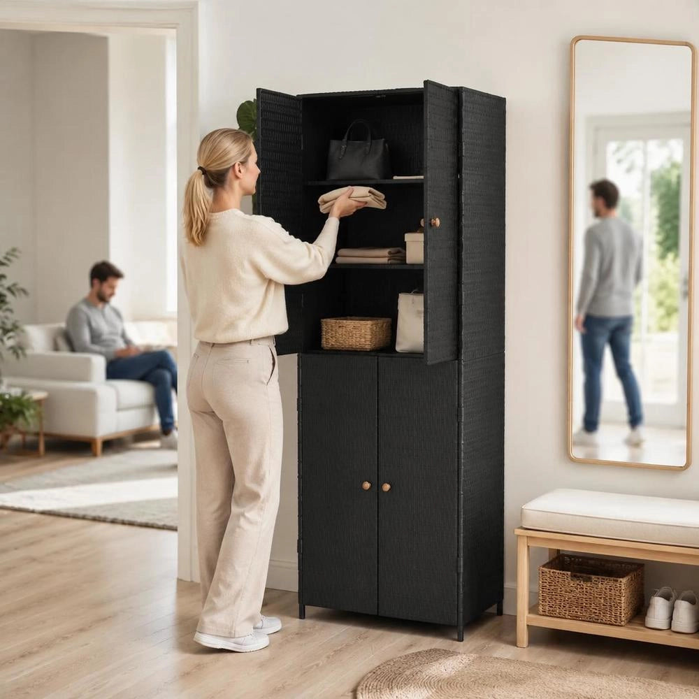 Garden Cabinet, Black, 59x40x180 Cm, Poly Rattan