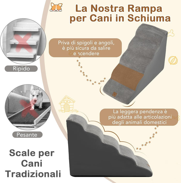 Rampa per Cani in Schiuma, Scale per Animali con Copertura Lavabile, Fondo Antiscivolo, Passi Incline per Letti e Divani, Scala per Animali Piccoli, Anziani e Feriti (Grigio,5,41 x 87 x 56cm)