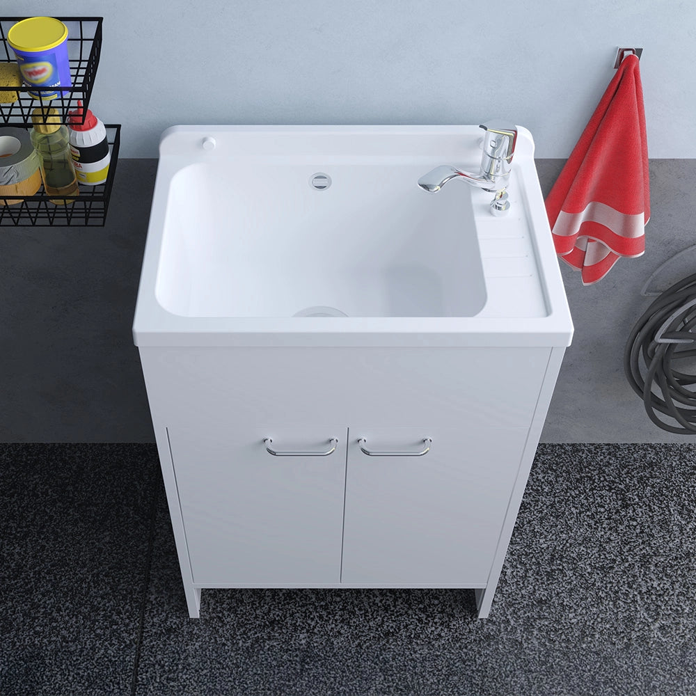 Mobile lavatoio salvaspazio in PVC bianco 58cm con vasca e piletta in acciaio inox