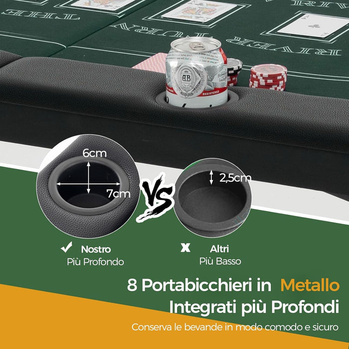 Tavolo da Poker Pieghevole 182 cm per 8 Giocatori, Tavolo da Gioco Ovalo con Supporti per Bicchieri, Rivestimenti Imbottiti, per Blackjack, Texas Hold’em, Giochi da Casinò (Verde)
