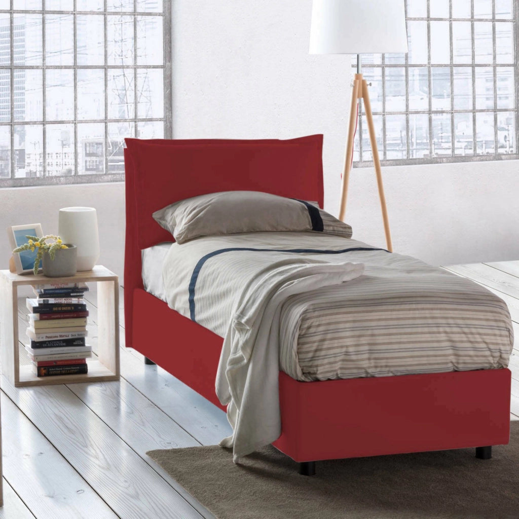 Letto singolo Azzurrino, Letto contenitore con rivestimento in tessuto, Made in Italy, Apertura frontale, adatto per materasso cm 80x200, Rosso