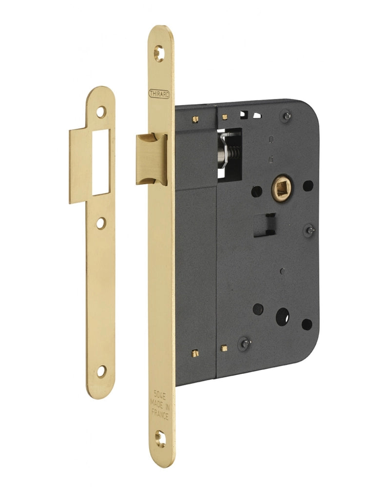 Serratura da incasso con scrocco, asse 80 mm, frontale in ottone lucido verniciato – THIRARD