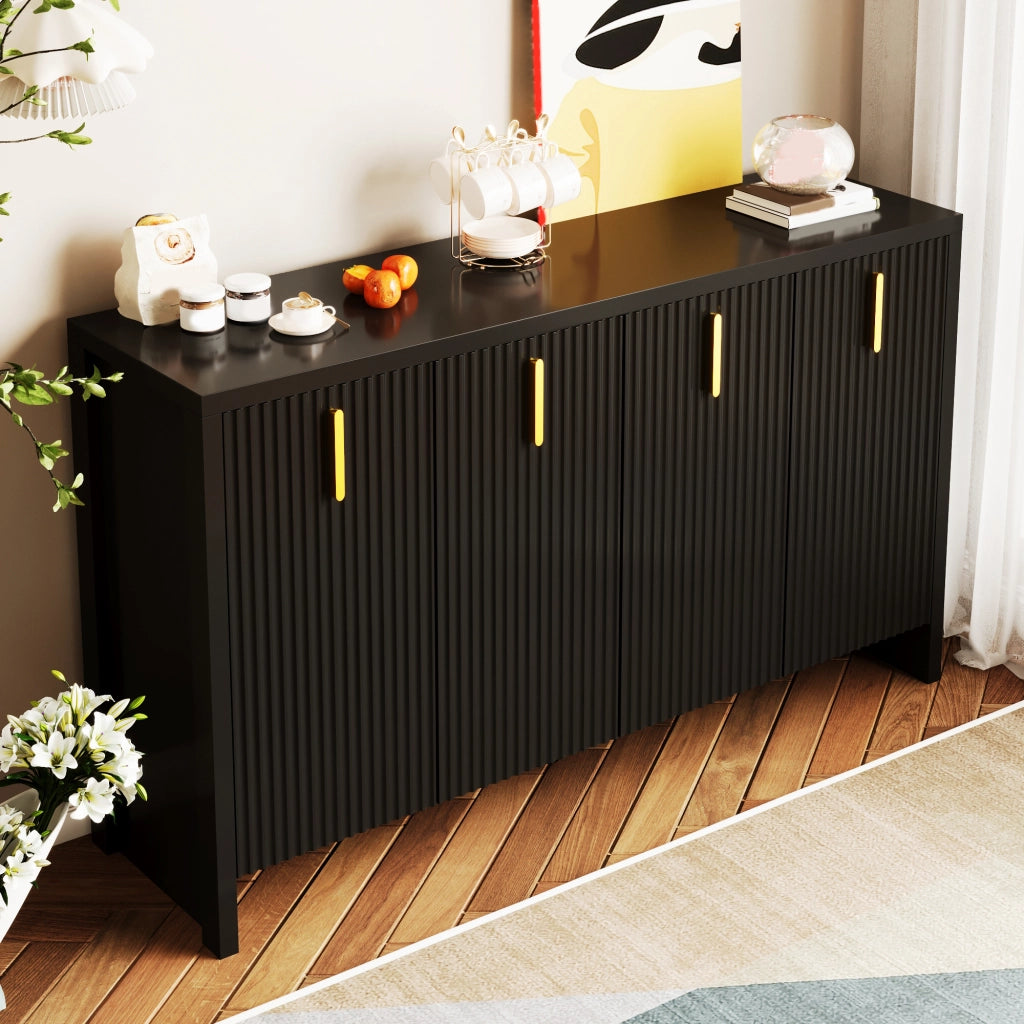Sideboard 140 cm nero con 4 ante; maniglie dorate e ripiani regolabili