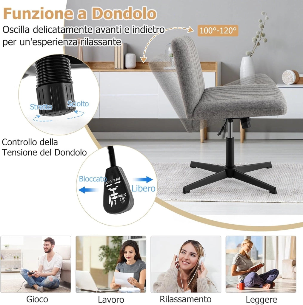 Sedia da Ufficio con Gambe Incrociate Senza Ruote, Sedia da Scrivania con Sedile Imbottito Ampio, Sedia Girevole 120°, Altezza Regolabile, Portata 150 kg (Grigio)