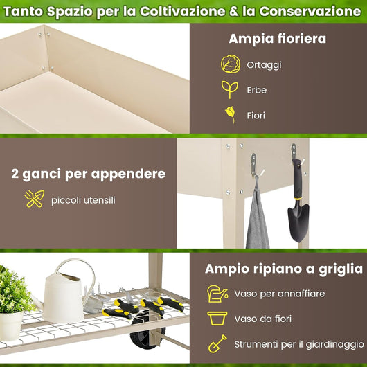 Fioriera Rialzata da Esterno, Fioriera in Metallo con Ripiano Ruote Ganci e Impugnatura, Aiuola Rialzata da Giardino, Balcone e Terrazza per Ortaggi, Fiori e Piante Aromatiche (Bianco)