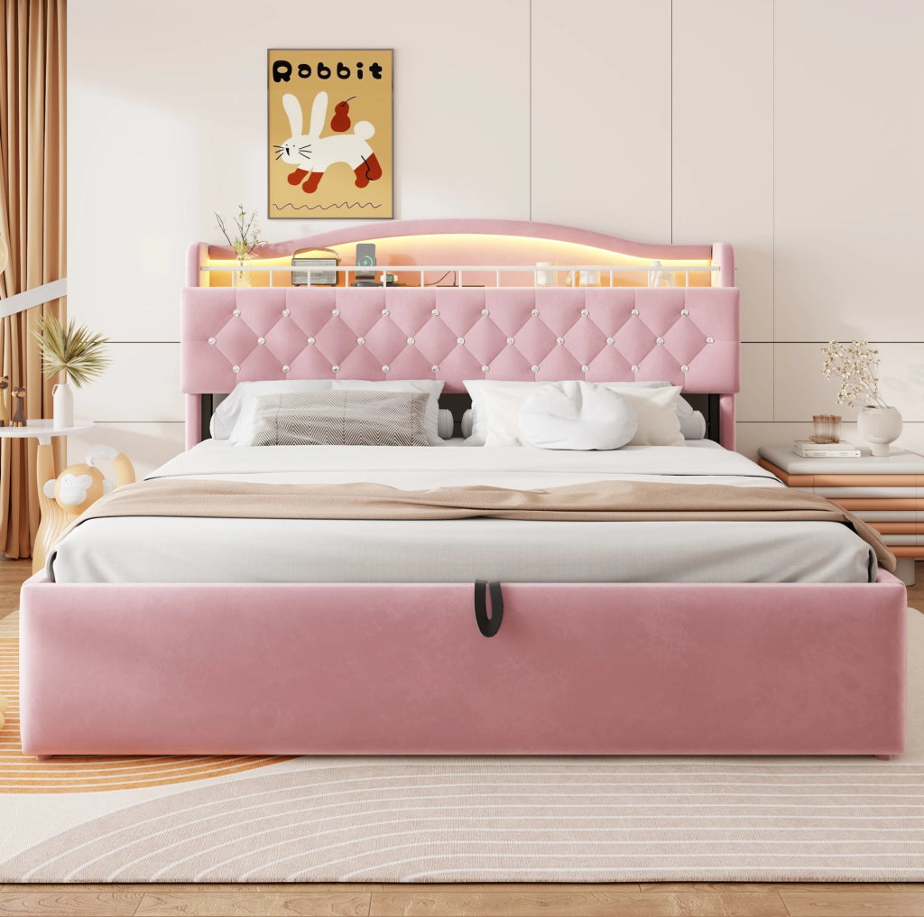 Letto imbottito 180x200 cm rosa in tessuto; contenitore idraulico e LED