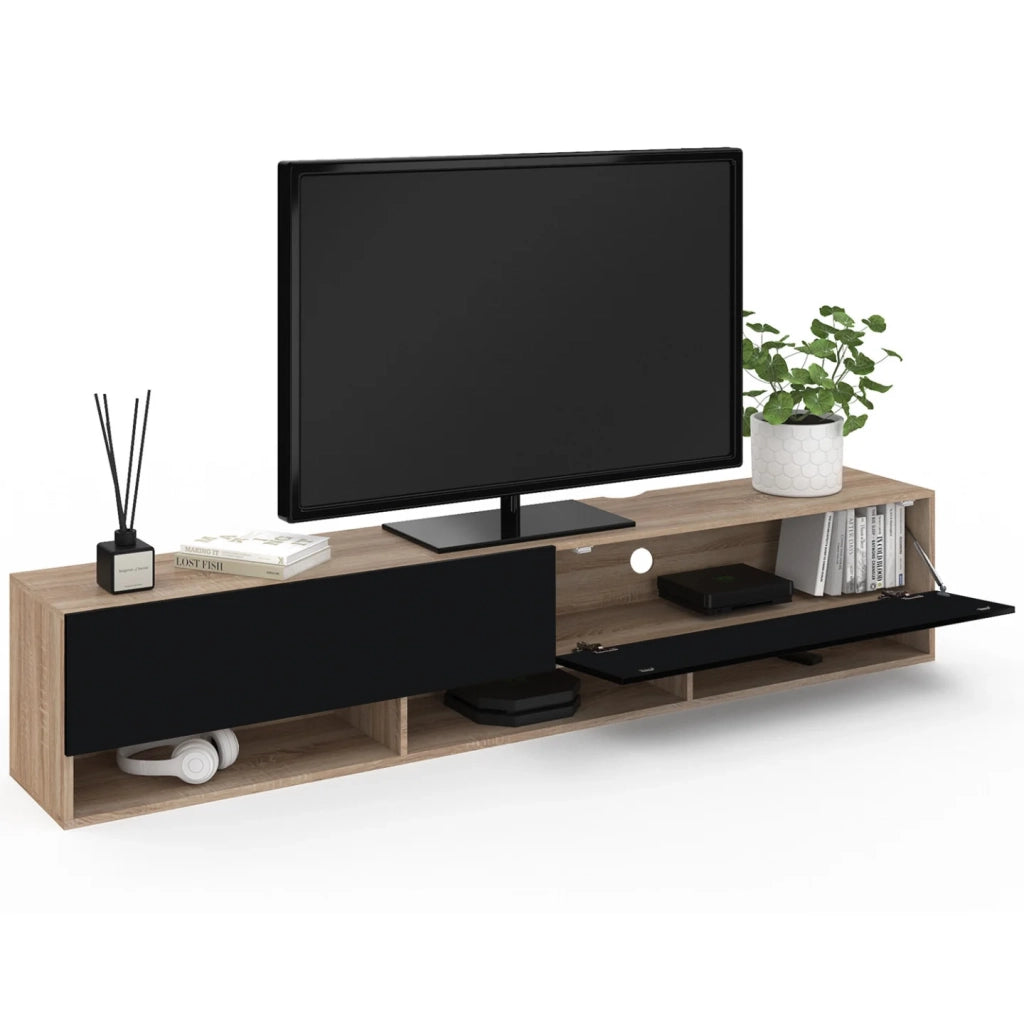 IDMarket - Mueble TV suspendido ELIO con estante de 2 puertas en madera y negro 180 cm