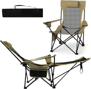 Sedia da Campeggio con Poggiapiedi Rimovibile, Sedia Pieghevole con Schinale Reclinabile, Braccioli e Portabicchieri, Portata 150 kg, Sdraio in Testtuto Oxford per Giardino e Spiaggia (Verde)