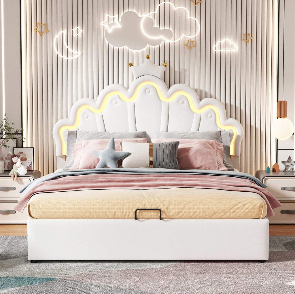 Letto imbottito 140x200 cm con contenitore e LED; testiera a nuvola con corona; PU bianco