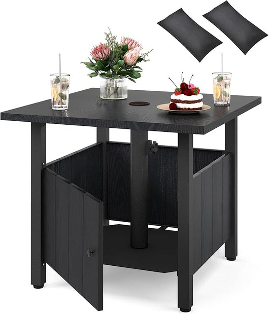 Tavolino da Esterno con Foro per Ombrellone da 4,8 cm, Base per Tavolo con 2 Sacchetti di Sabbia, Tavolino da Esterno per Giardino, Terrazza e Bordo Piscina, 55,5 x 55,5 x 48 cm, Nero