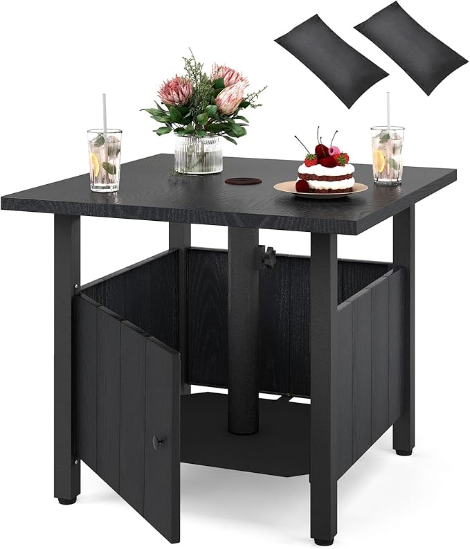 Tavolino da Esterno con Foro per Ombrellone da 4,8 cm, Base per Tavolo con 2 Sacchetti di Sabbia, Tavolino da Esterno per Giardino, Terrazza e Bordo Piscina, 55,5 x 55,5 x 48 cm, Nero
