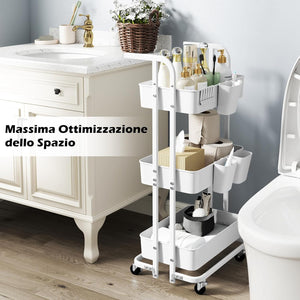 Carrello a 3 Ripiani, Carrello da Cucina Pieghevole con 3 Tazze Appendibili e 6 Ganci, Carrello da Conservazione Multiuso per Casa Ufficio, 45 x 37 x 92 cm