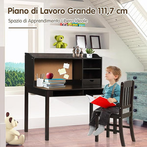Set Scrivania e Sedia per Bambini 5-12 Anni, Tavolo in Materiale Sicuro con Bacheca in Sughero, 2 Cassetti e Spazio Ampio, Design Moderno, Ideale per Studio e Disegno (Nero)