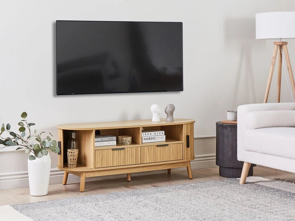 Porta TV Legno chiaro Gambe in legno massiccio MDF 2 ante scorrevoli 2 cassetti 2 ripiani Mobile Soggiorno
