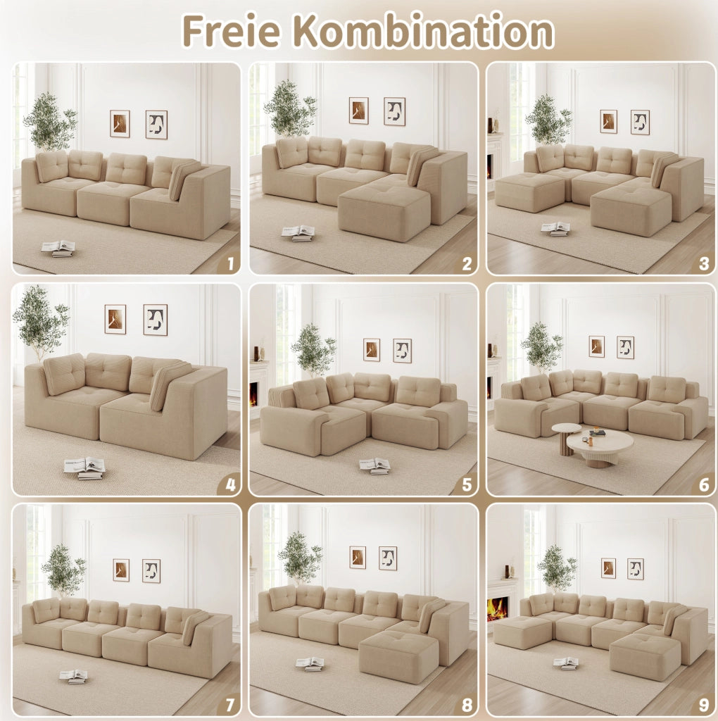 Divano angolare modulare in velluto a coste con seduta profonda 74 cm; beige