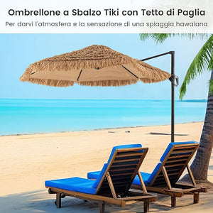 Ombrellone da Spiaggia 283 cm, Ombrello Tiki di Paglia in PE con Base, Ombrellone Sospeso Hawaiano per Giardino Piscina Terrazza