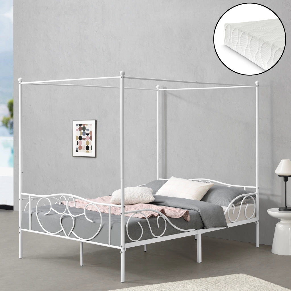 Letto Francese a Baldacchino con Materasso a Schiuma Fredda 140x200 cm Struttura Letto in Acciaio con Elementi Laterali Decorativi in Stile Classico/Romantico - Bianco