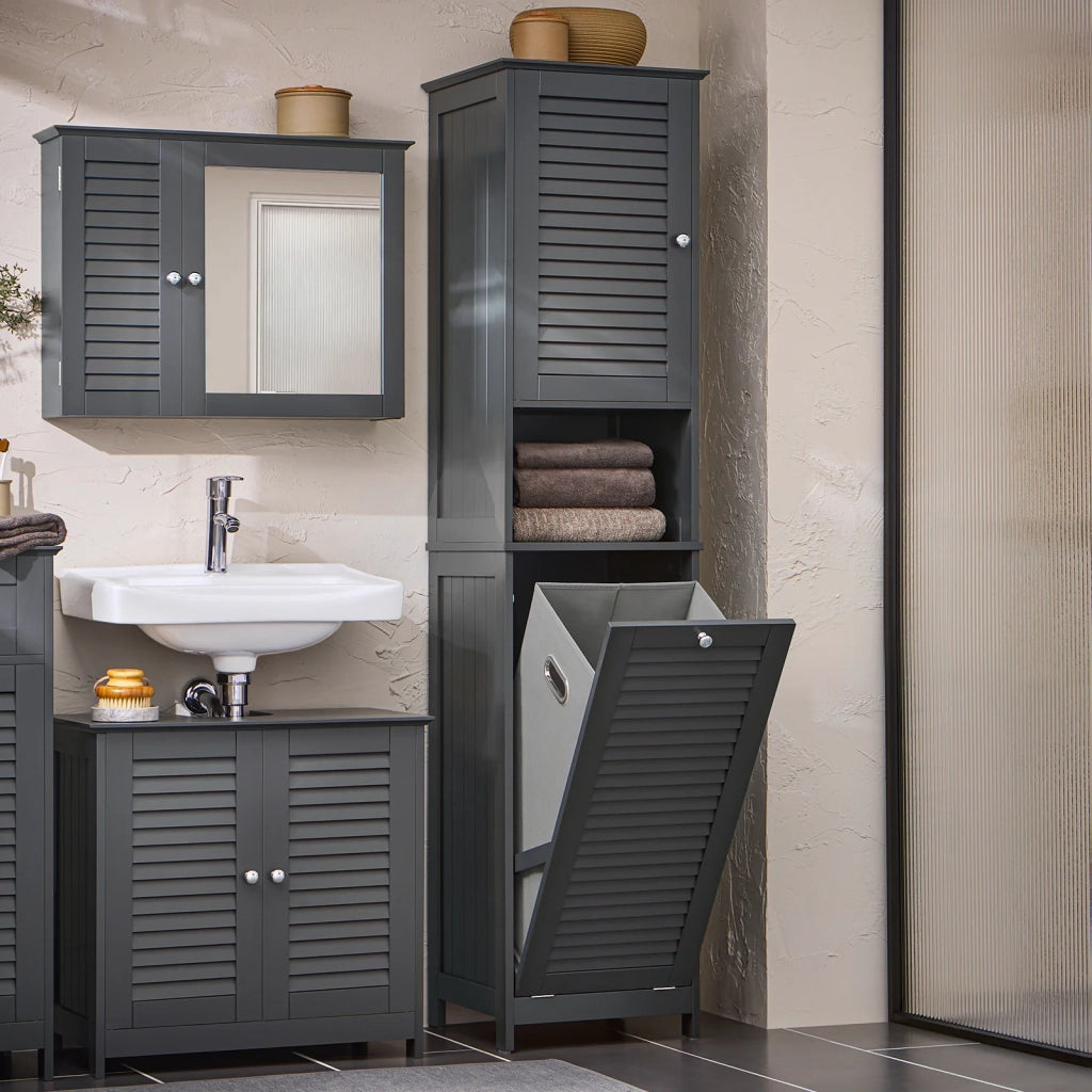 Mobiletto bagno salvaspazio stretto Mobile bagno colonna con portabiancheria mobile lavanderia Grigio L40xP37xA170 cm BZR124-DG
