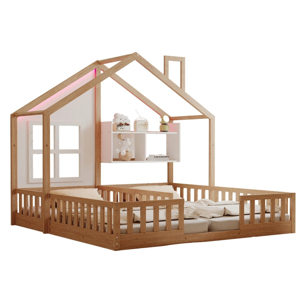 Letto per bambini a forma di casa con LED e doghe, 90x200 cm, legno