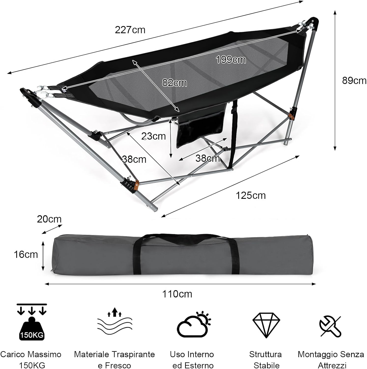 Amaca Pieghevole, Amaca con Tasca Laterale, Amaca con Supporto in Metallo e Fibbie Antiribaltamento, per Interno ed Esterno, Fino a 150 kg(Nero)