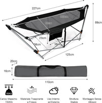 Amaca Pieghevole, Amaca con Tasca Laterale, Amaca con Supporto in Metallo e Fibbie Antiribaltamento, per Interno ed Esterno, Fino a 150 kg(Nero)