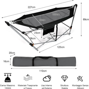 Amaca Pieghevole, Amaca con Tasca Laterale, Amaca con Supporto in Metallo e Fibbie Antiribaltamento, per Interno ed Esterno, Fino a 150 kg(Nero)