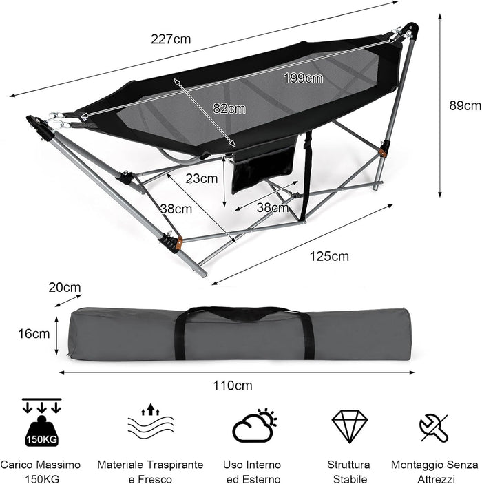 Amaca Pieghevole, Amaca con Tasca Laterale, Amaca con Supporto in Metallo e Fibbie Antiribaltamento, per Interno ed Esterno, Fino a 150 kg(Nero)