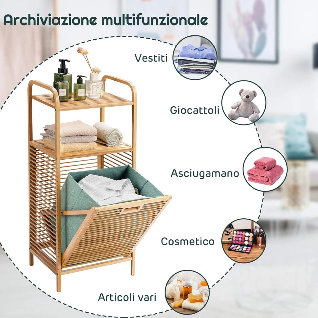 Armadietto da Terra Mobiletto Bagno 2 Ripiani Autoportante, con Sacco Portabiancheria, Adatto anche per Camera da Letto Salotto, in Bambù, 40,5 x 33 x 95,5 cm