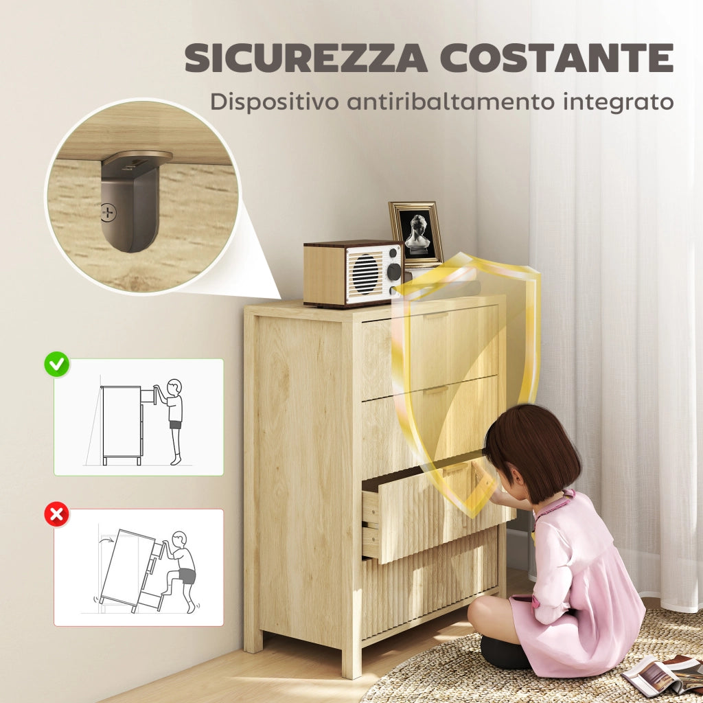 Cassettiera con 4 Cassetti Design Canettato 70x38x93 cm Maniglie Dorate in MDF Color Legno