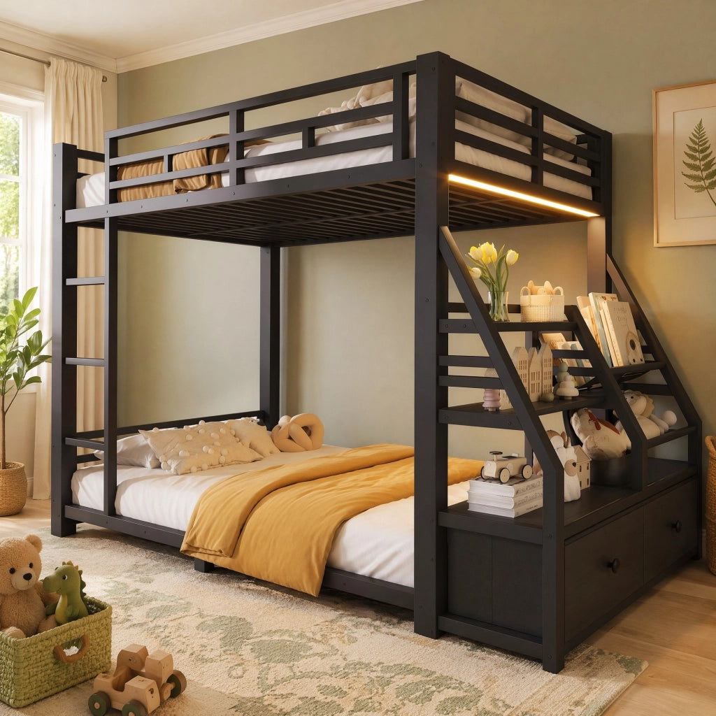 Letto a Castello 90x200 cm; 2 Posti - LED; Mensole; 2 Cassetti in Tessuto - Nero
