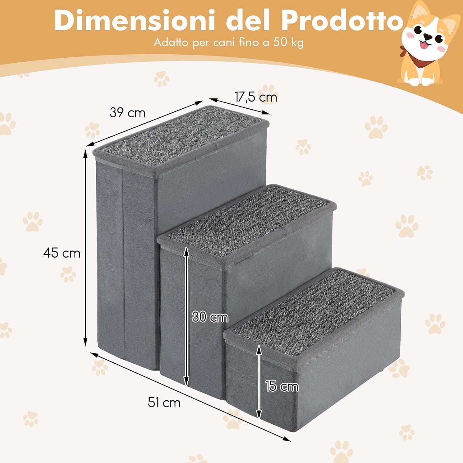 Scala per Cani, Rampe Pieghevole Antiscivolo per Animali Domestici con Scomparti di Stoccaggio per Giocattoli e Spuntini per Letti e Divani, Grigio (39 x 51 x 45cm)
