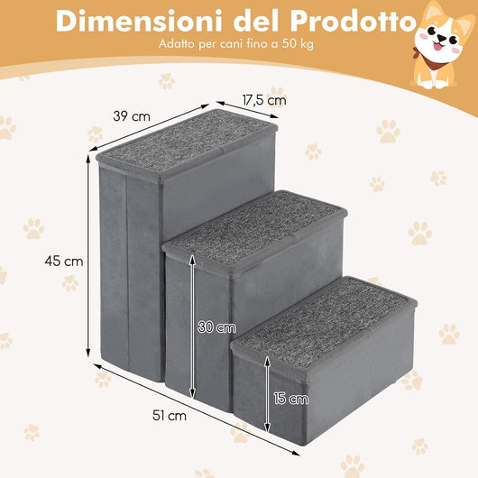 Scala per Cani, Rampe Pieghevole Antiscivolo per Animali Domestici con Scomparti di Stoccaggio per Giocattoli e Spuntini per Letti e Divani, Grigio (39 x 51 x 45cm)