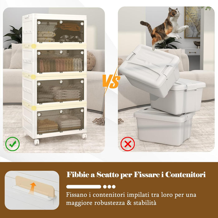 Comodino in Plastica Multipiano con Coperchio 168 L, Scatole Impilabili con 4 Ruote e Freni, Contenitori di Stoccaggio Pieghevole, per Soggiorno, Camera da Letto e Bagno, Bianco (4 Ripiani)
