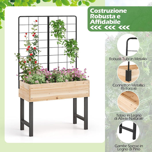 Letto da Giardino Rialzato con Traliccio in Metallo e Drenaggio, Fioriera in Legno Sopraelevata per Piante Rampicanti, Fioriera da Interno ed Esterno per Patio, Balcone e Cortile
