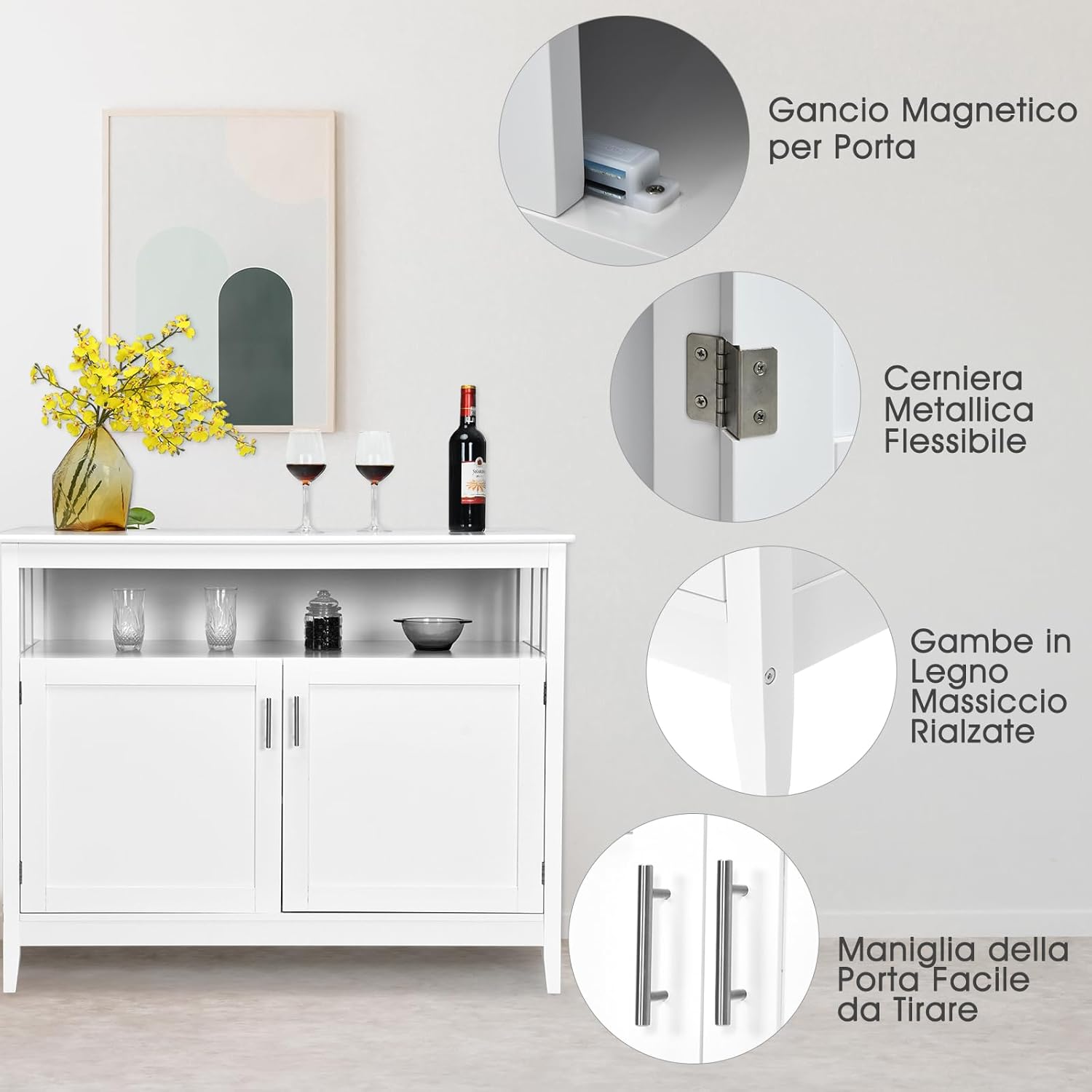 Credenza Cucina Moderna, Mobiletto da Cucina con Ripiano Regolabile e 2 Ante, Mobiletto Multiuso da Soggiorno Sala da Pranzo Ingresso, Bianco