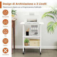 Supporto per Stampante, Carrello Stampante a 3 Livelli con Ripiani di Stoccaggio e Ruote con Blocco, Altezza Regolabile, per Stampante 3D Scanner Fax, 49 x 40 x 65/77 cm (Bianco)