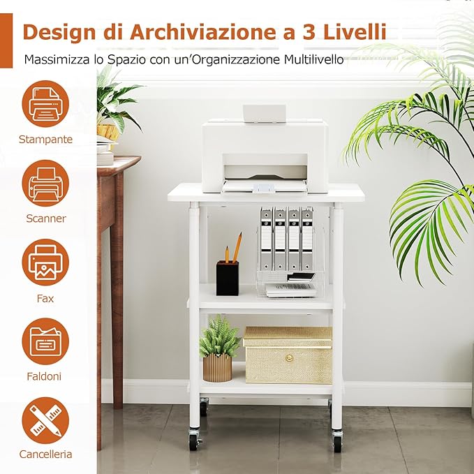 Supporto per Stampante, Carrello Stampante a 3 Livelli con Ripiani di Stoccaggio e Ruote con Blocco, Altezza Regolabile, per Stampante 3D Scanner Fax, 49 x 40 x 65/77 cm (Bianco)