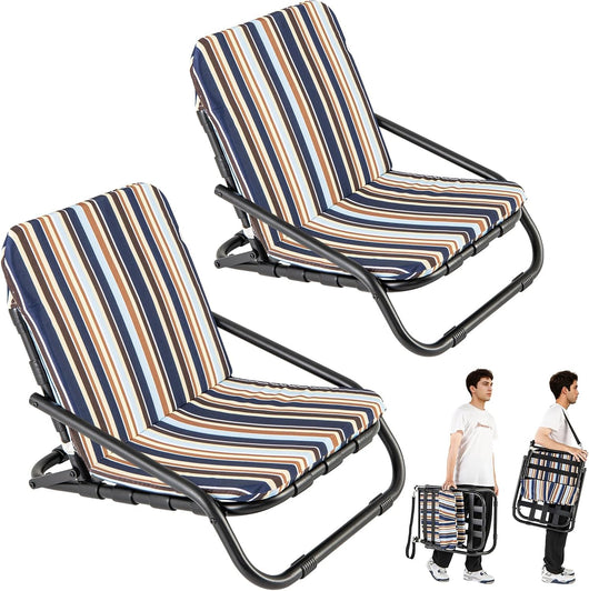 Set di 2 Sedie da Spiaggia, Sedia da Spiaggia Pieghevole con Cuscino, Sedie a Sdraio Basse Portatile, con Struttura in Metallo, Portata 135 kg, 67 x 50 x 46 cm